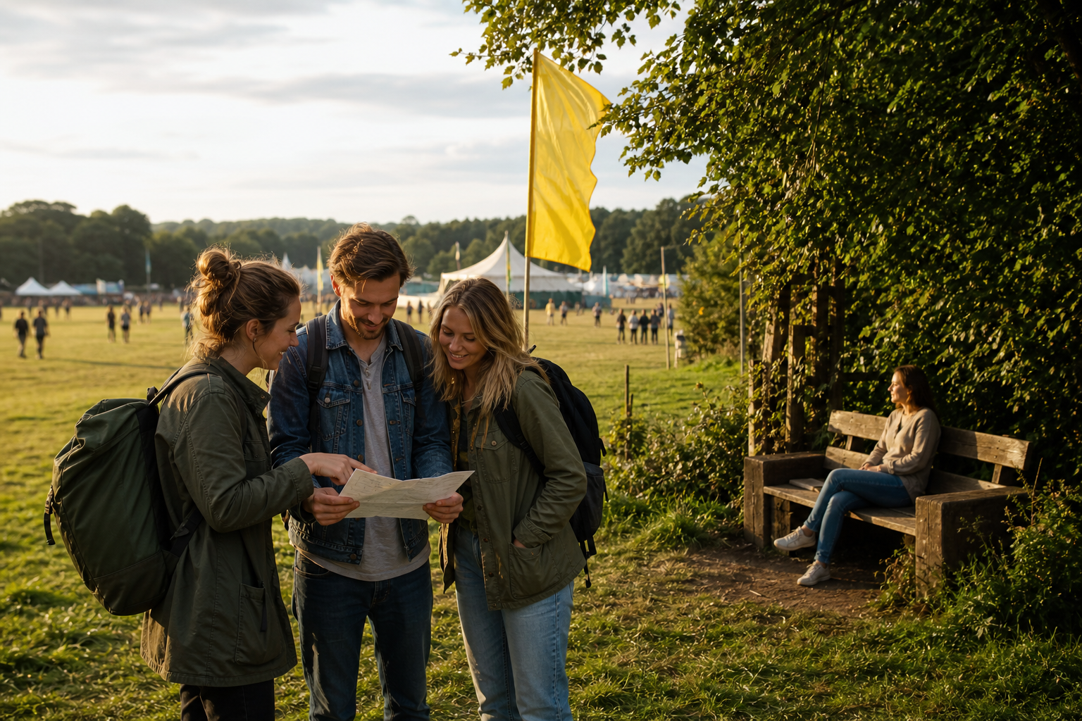 Festivalbesucher vereinbaren an einem gut erkennbaren Treffpunkt einen ruhigen Rückzugsplan