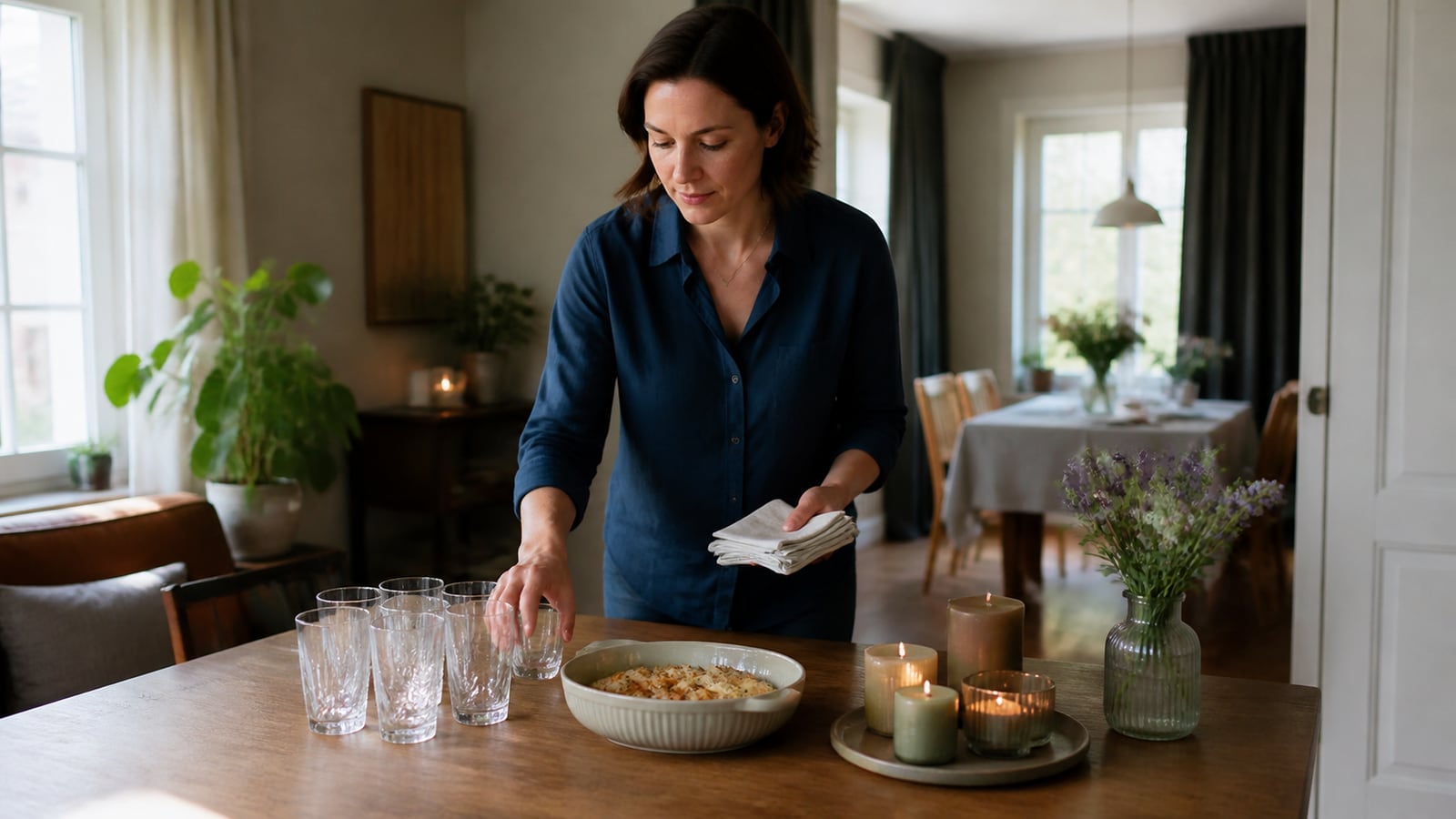 Stilvoll gedeckte Tafel fuer eine kleine Feier in einem modernen Interieur