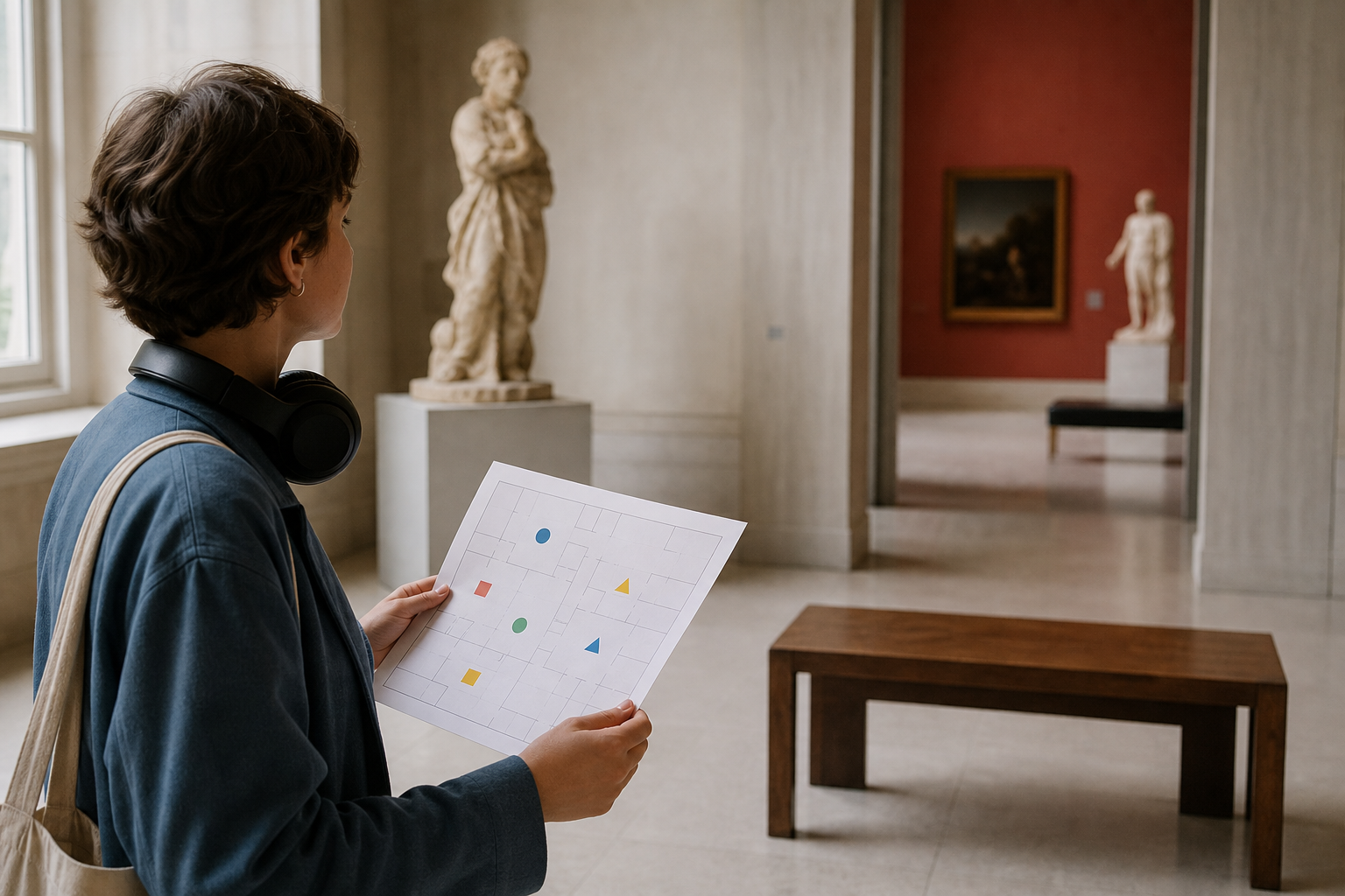 Besucherin orientiert sich in einem ruhigen Museum mit einer einfachen Sinneskarte