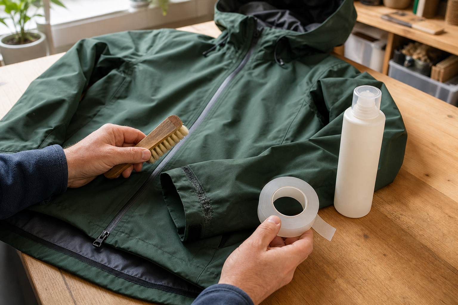 Outdoorjacke mit kleiner Schadstelle sowie Bürste, Reparaturband und Pflegemittel auf einem Tisch