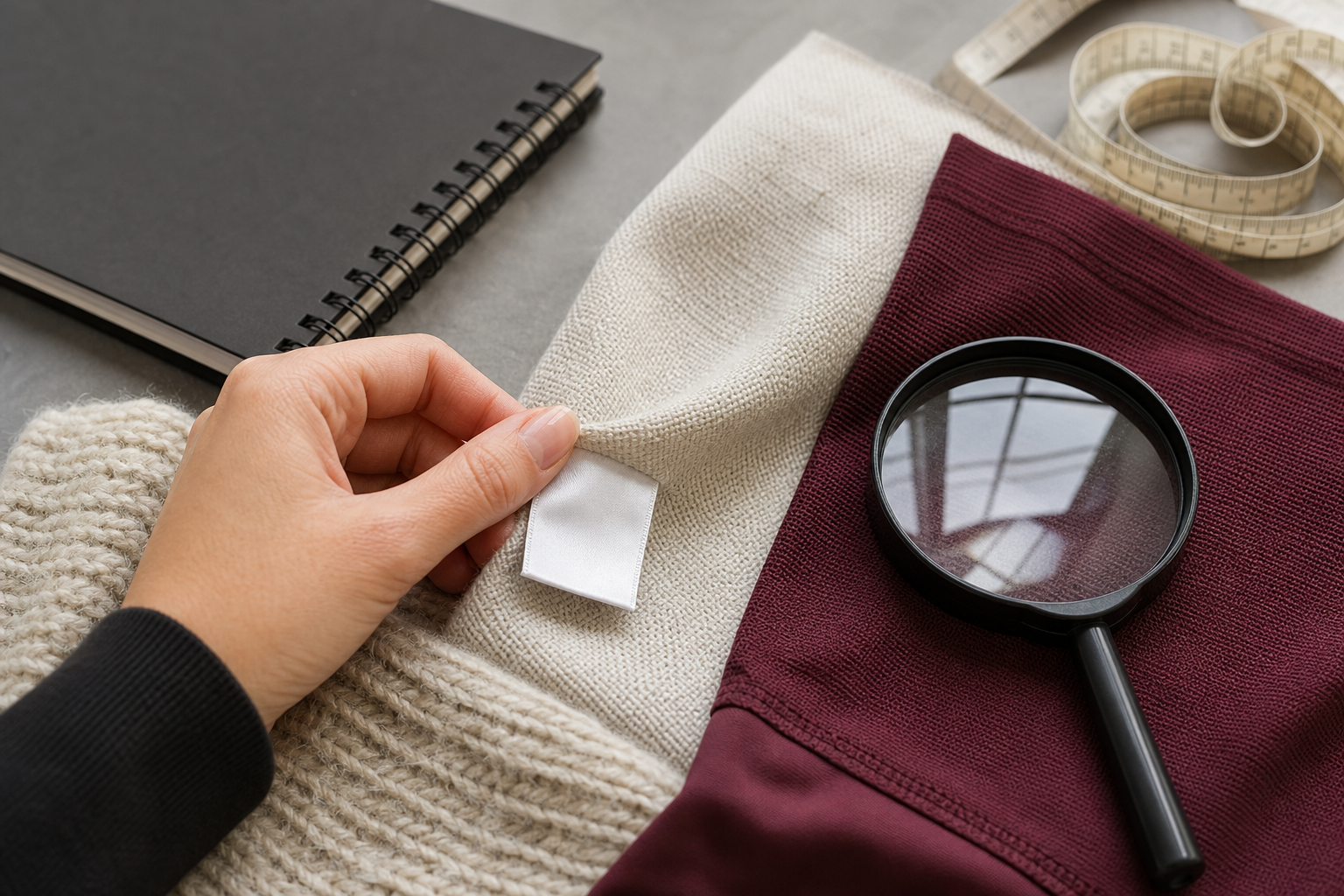 Nahaufnahme eines Textiletiketts, das bei Tageslicht neben verschiedenen Stoffproben gelesen wird